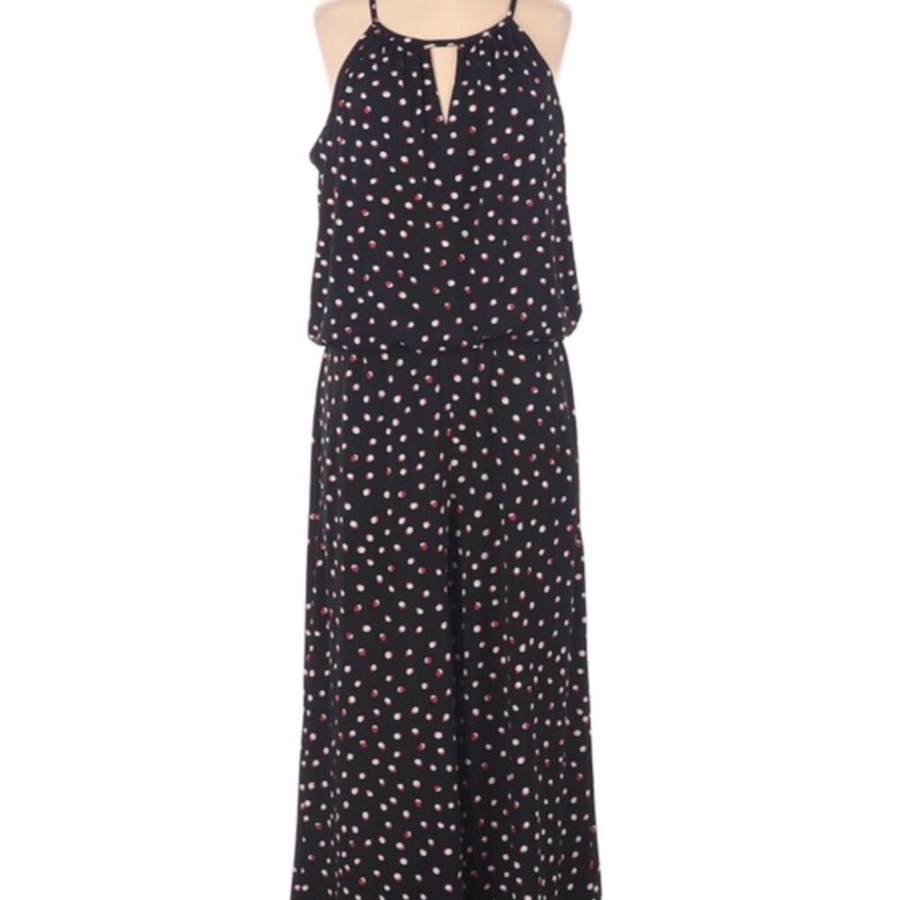 Wisp Black Jumpsuit Size 6 White & Red Polka Dots Keyhole V Neckline Belted